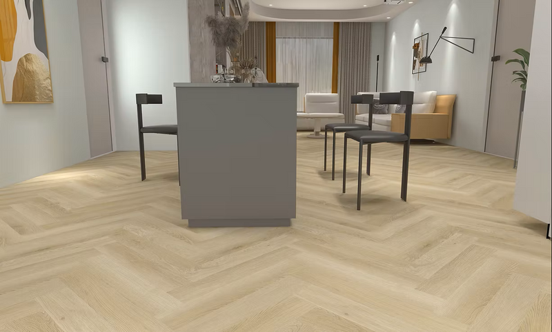 $3.89/sq. ft. ($79.12/Box)  Vinyl Herringbone Collection "LIGHT CHAMPAGNE" with Attached Underlayment